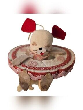 Vintage Styrofoam Flocked White Mouse in A Ring Christmas Ornament ROUGH SHAPE